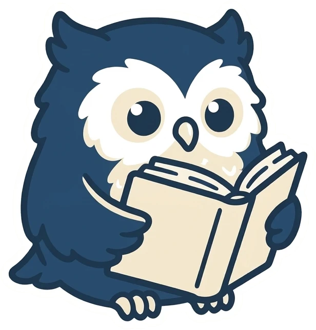 Litmark's owl mascot reading a book
