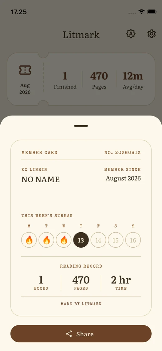The library card sheet with this week's streak and reading record